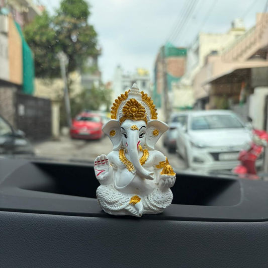 Lord Ganesha Idol for Car Dashboard | Premium White & Gold Decor | Premium Finish