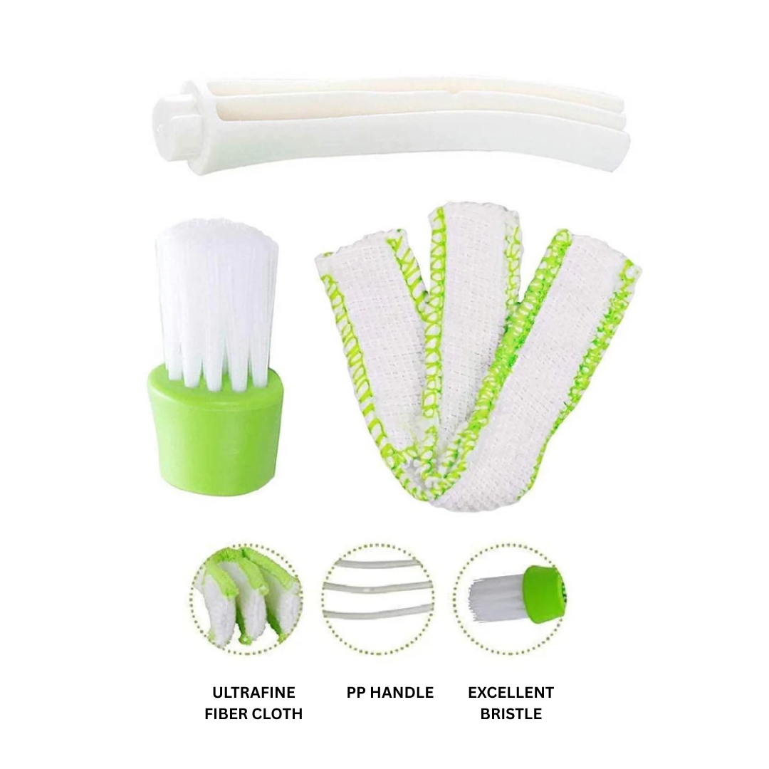 Car AC vent Cleaning brush set with green handle and white bristles on a white background