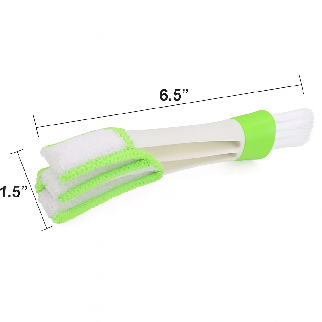 Car AC vent Cleaning brush with green handle and white bristles, shown with measurements on a white background.