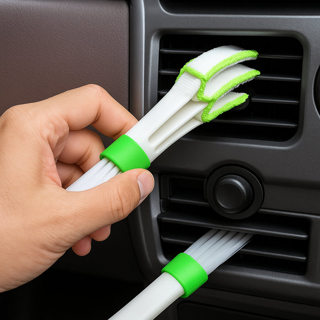 Hand using a white and green car air vent cleaning tool inside a vehicle.