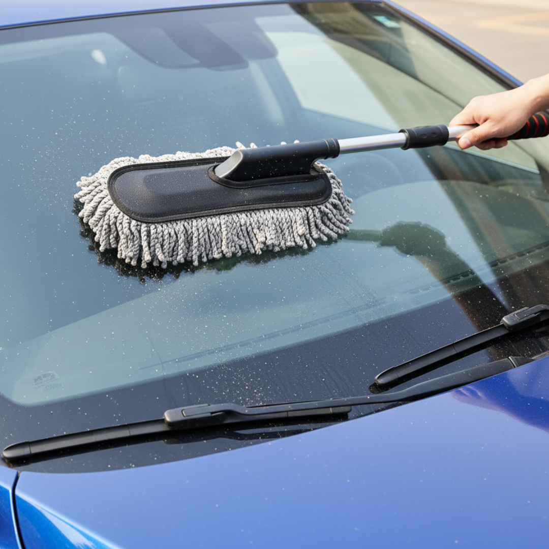 Person cleaning a car windshield with Drag-auto's duster microfiber cleaning brush