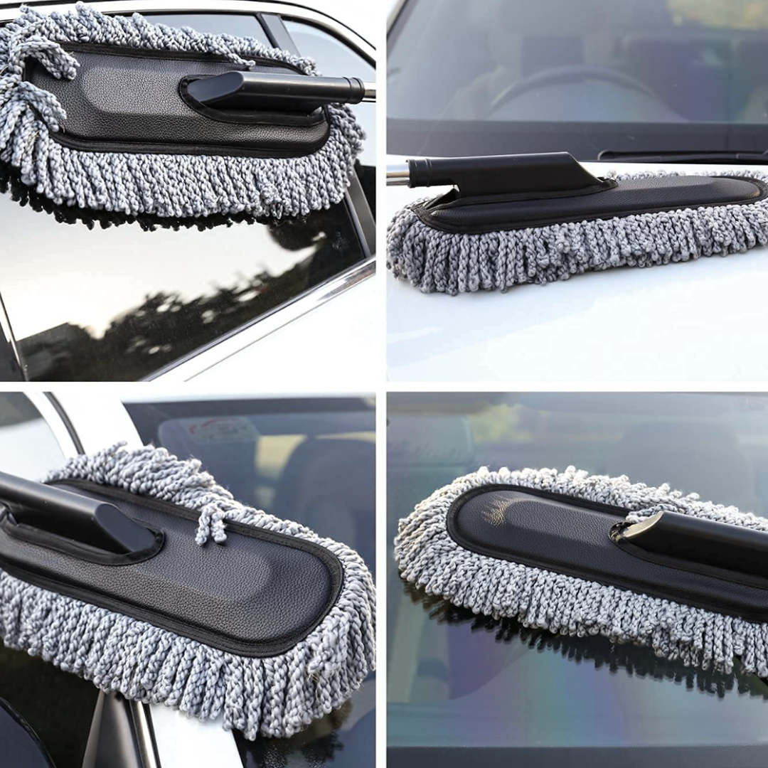 Car cleaning brush with microfiber head used on car windows and door handles by Drag-Auto.