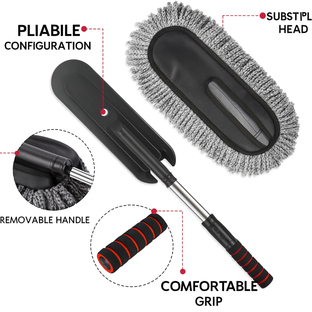 Car cleaning brush with extendable handle and interchangeable head on a white background