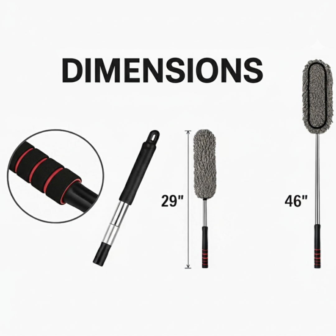 Drag-auto car cleaning duster with dimensions labeled on a white background