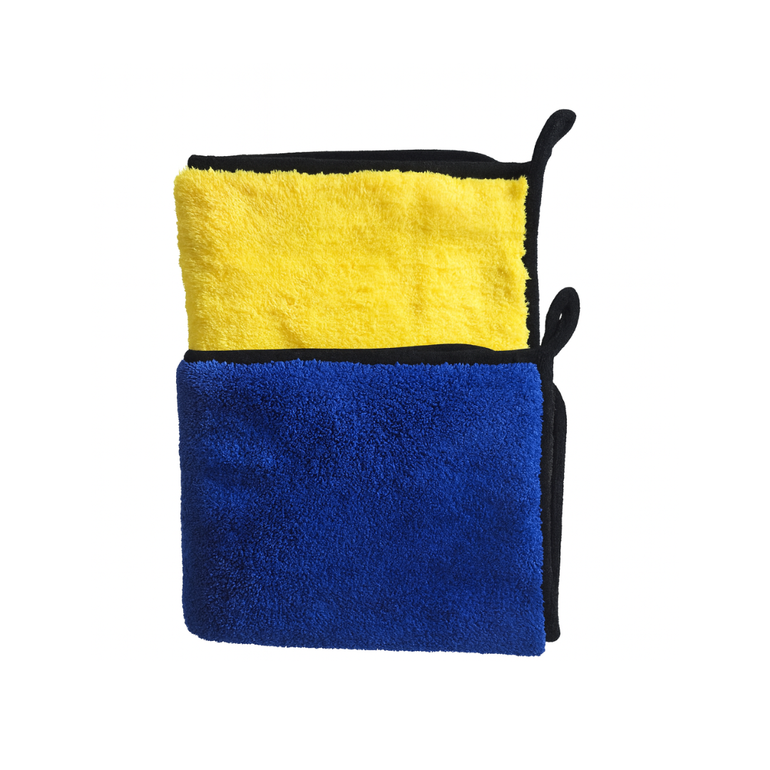 Two-section towel with yellow top and blue bottom on a white background