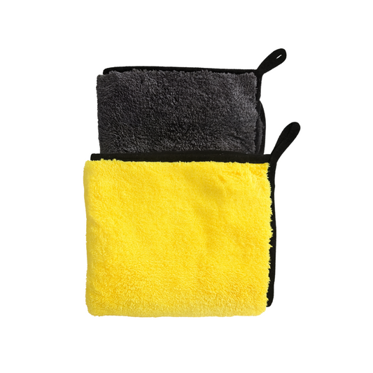 Grey and yellow Microfiber towel set with a handle on a white background