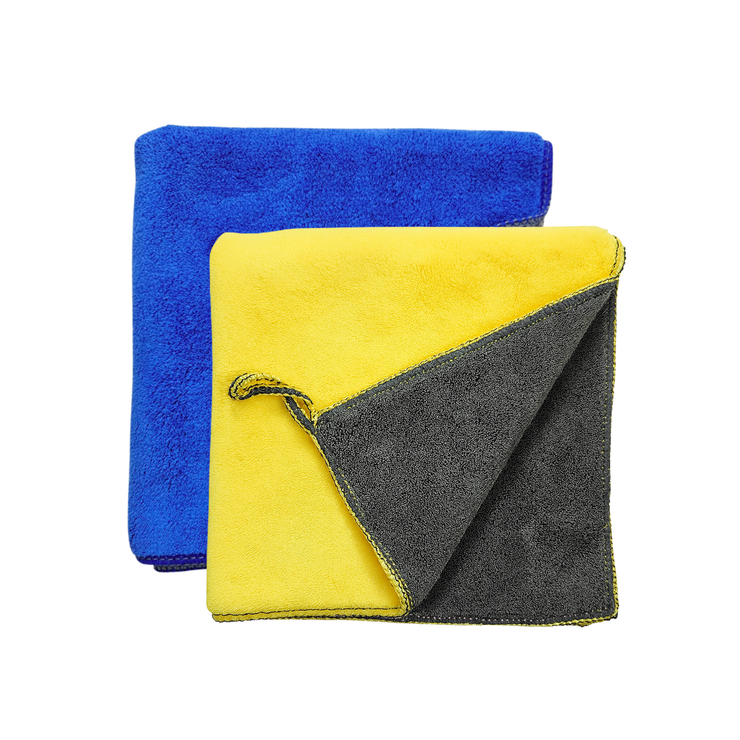 two microfiber cloths in blue, yellow, other side of both is grey