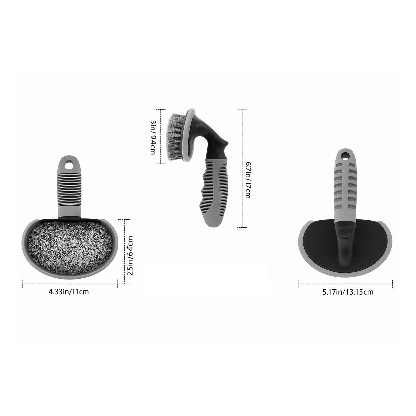Set of cleaning brushes with dimensions on a white background