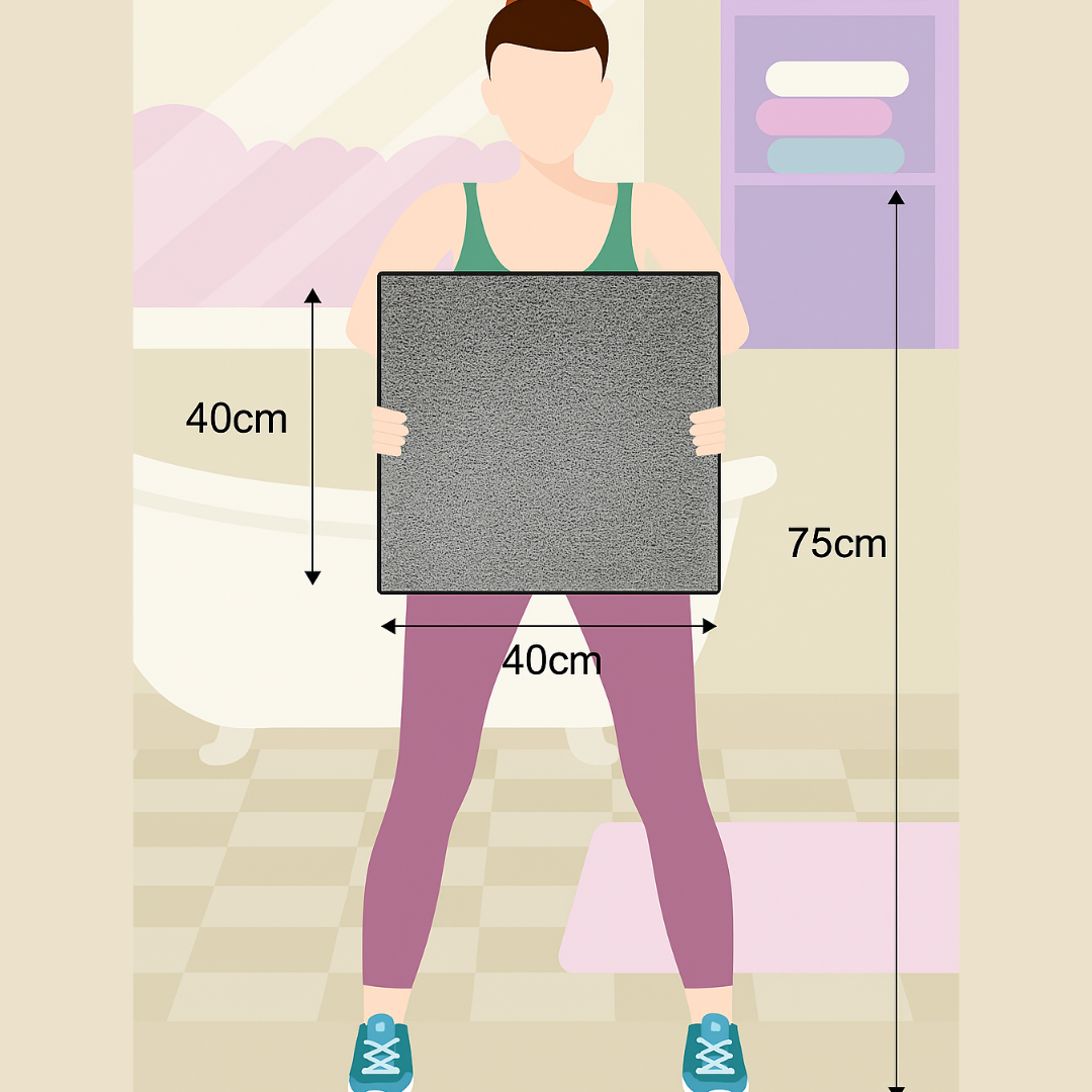 Illustration of a person holding a rectangular mat with dimensions labeled