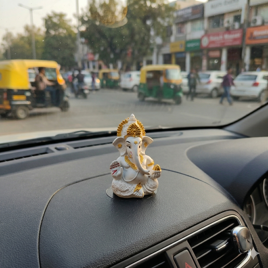 Lord Ganesha Idol for Car Dashboard | Premium White & Gold Decor | Premium Finish