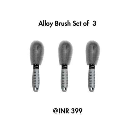 Set of three alloy brushes with gray bristles and black handles on a white background.