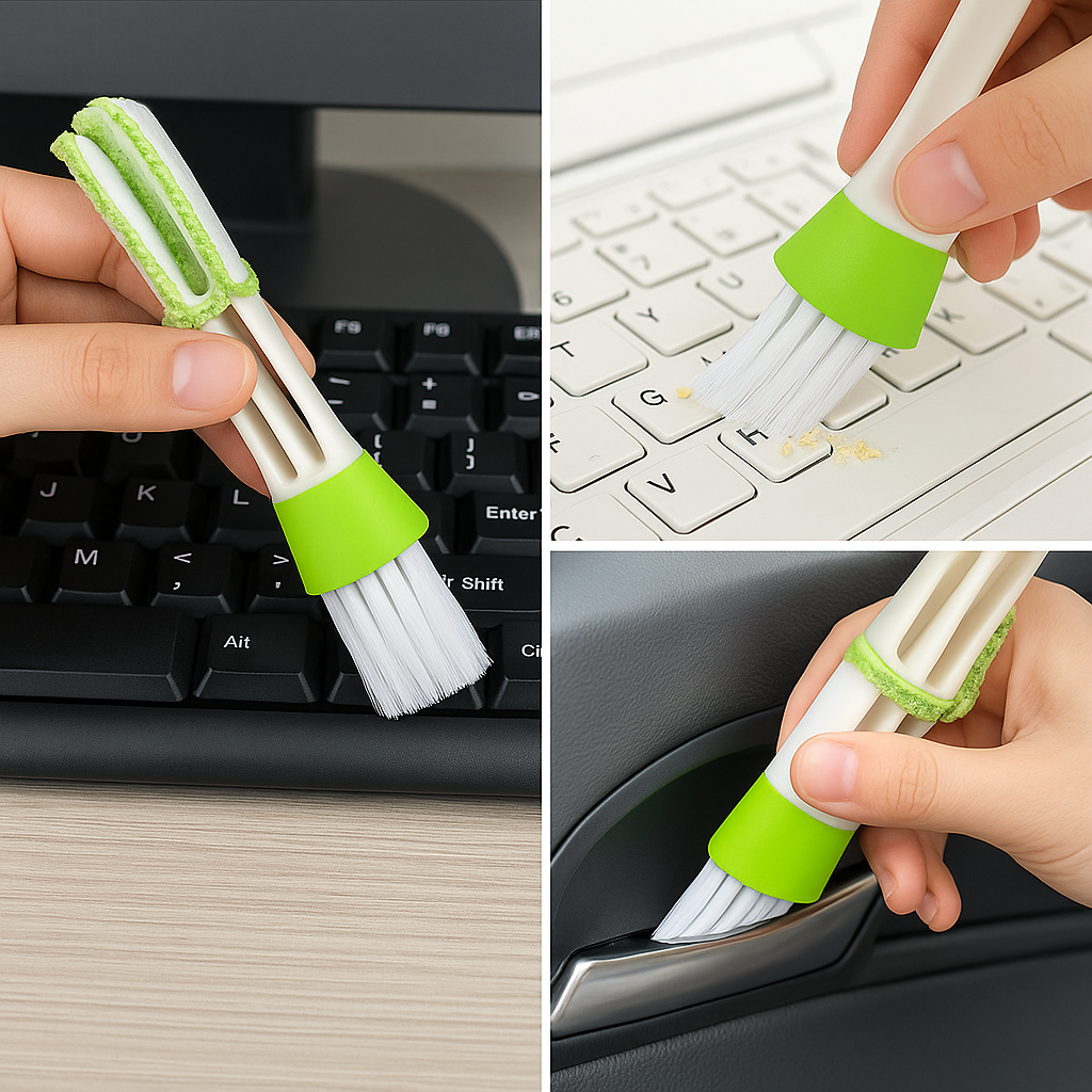 Collage of a small brush with green handle cleaning a keyboard, car dashboard, and other surfaces.