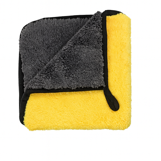 Two microfiber cloths, one gray and one yellow, on a white background.