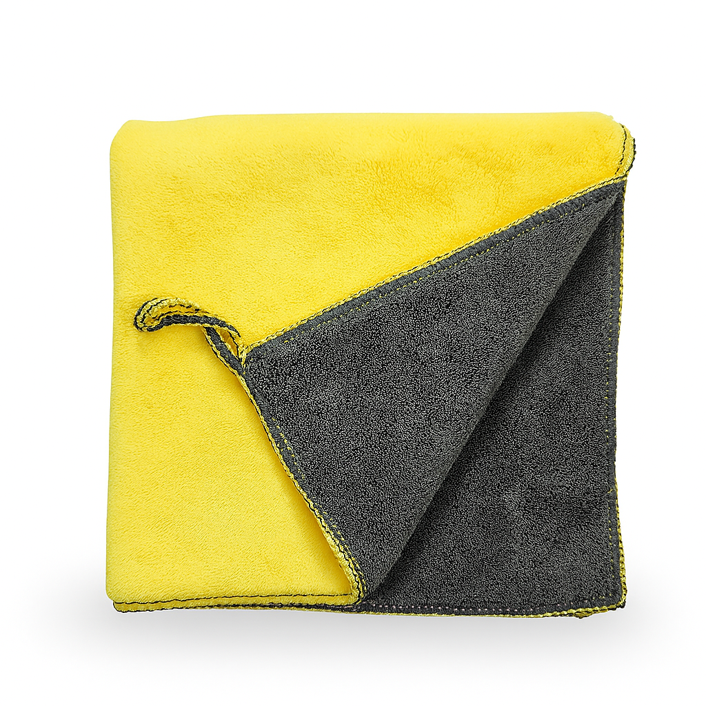 Two-tone yellow and gray towel on a white background
