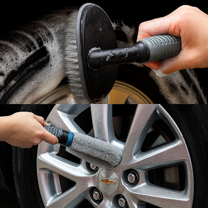 Car cleaning brush being used on a car tire and rim.