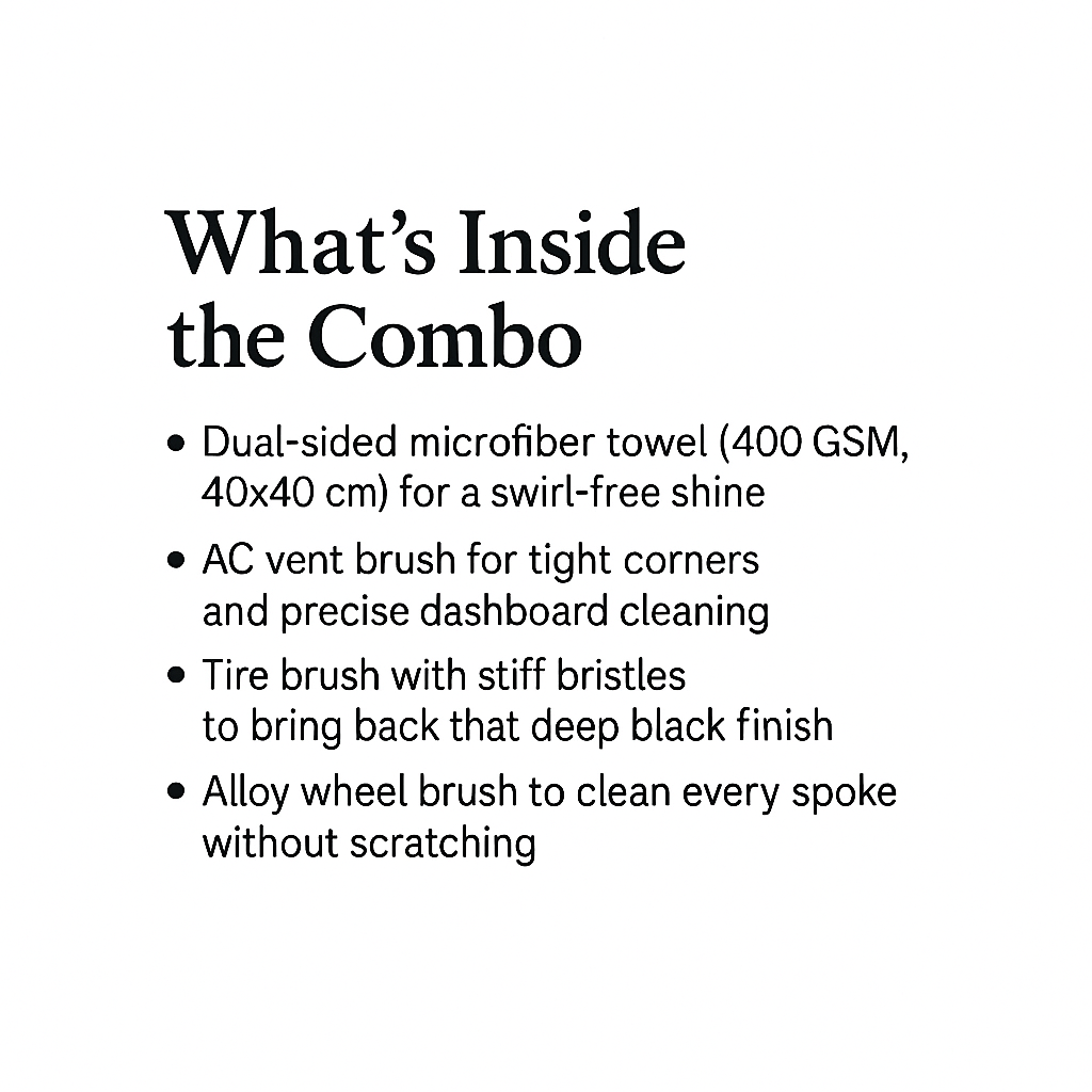 List of car cleaning tools included in a combo pack on a white background