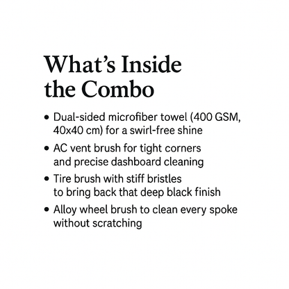 List of car cleaning tools included in a combo pack on a white background