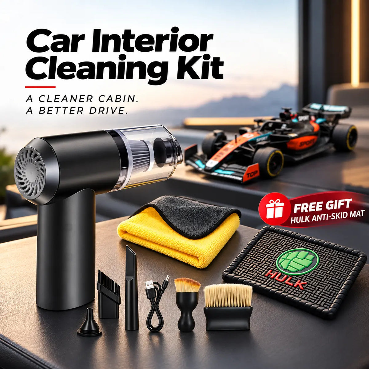 Interior Cleaning Kit + Orange Formula 1:43 Die Cast Car Combo + Free AntiSkid Mat