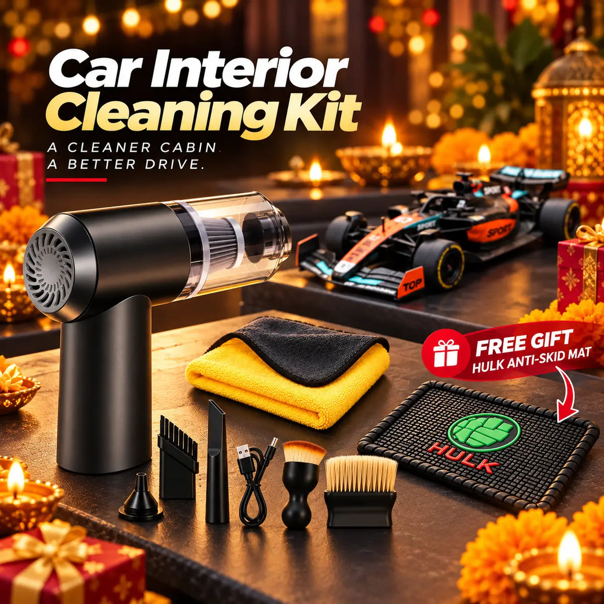 Interior Cleaning Kit + Orange Formula 1:43 Die Cast Car Combo + Free AntiSkid Mat