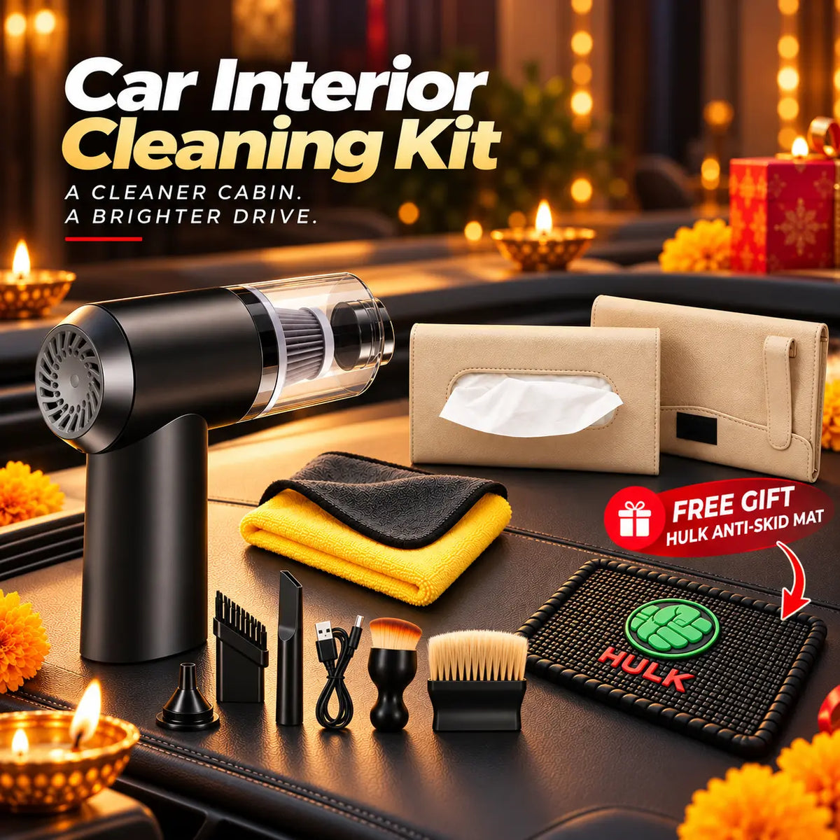 Interior Cleaning Kit + Beige Tissue Holder Combo + Free Green Dashboard Mat