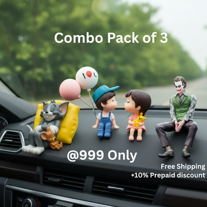 DragAuto 3-in-1 Dashboard Decor Combo | Joker(Small 10 CM), Couple & Tom Jerry