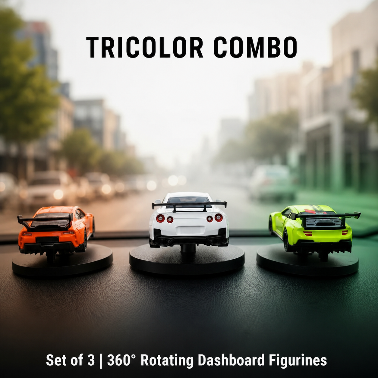 Drag-Auto Tricolor Combo – 360° Rotating Dashboard Car Figurine (Set of 3)