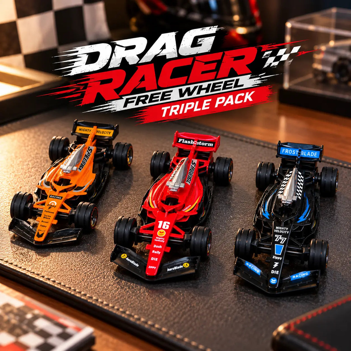 Drag Racer Free Wheel Triple Pack | 1:43 Die-Cast | Red, Orange & Black