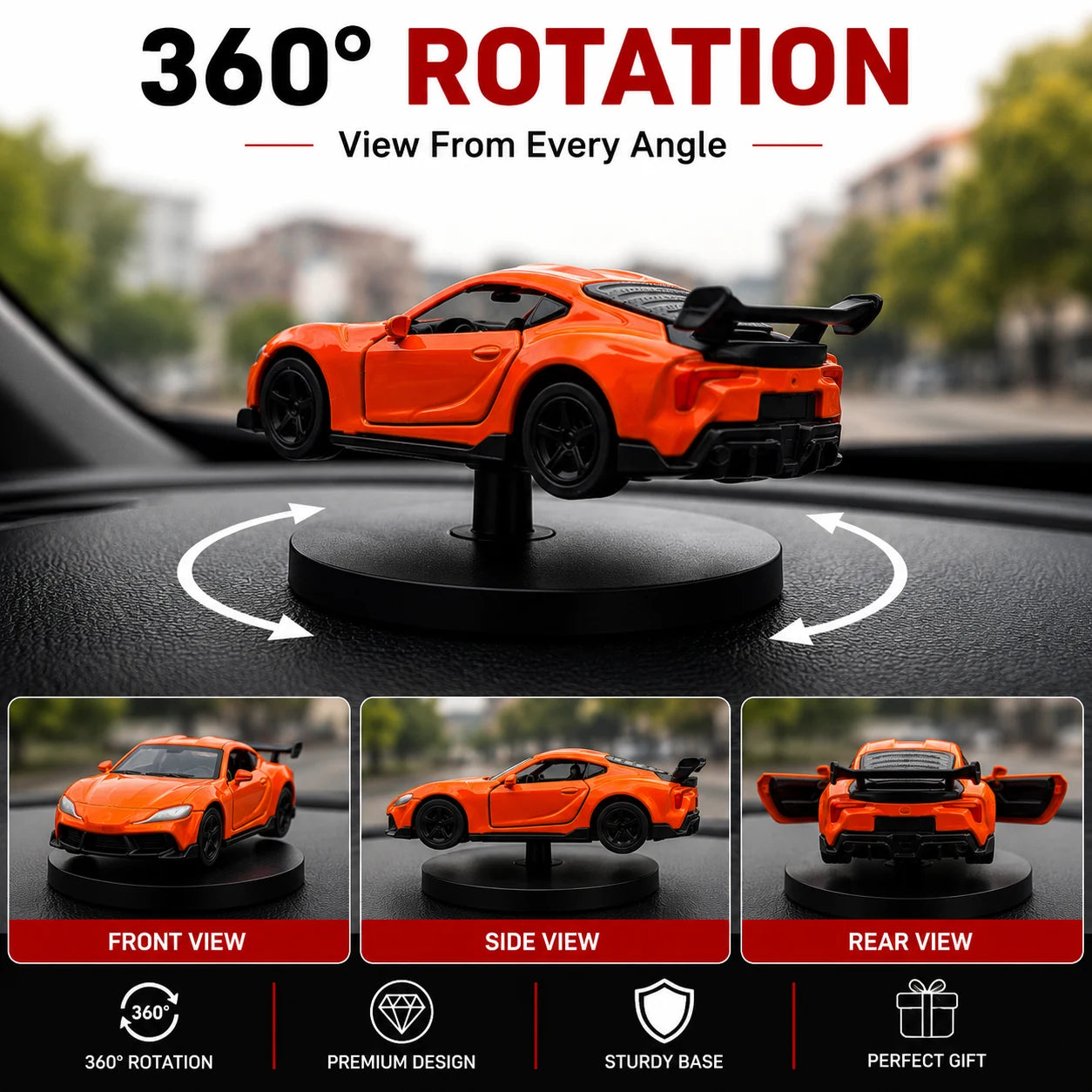 Drag-Auto 360° Rotating Dashboard Car Figurine: Matt Orange