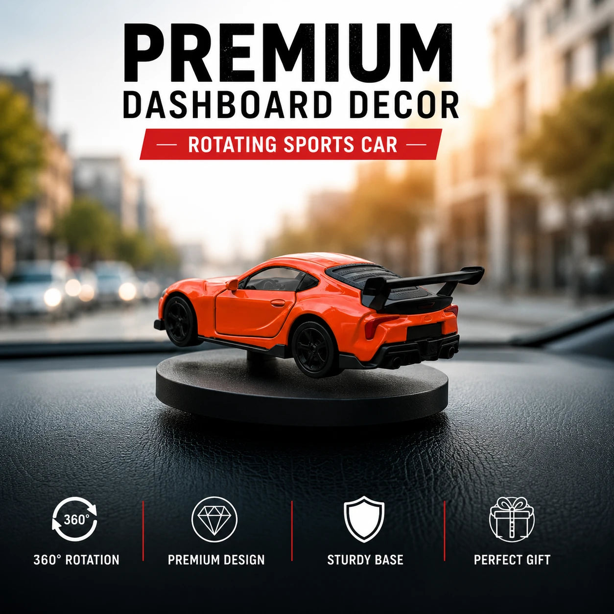 Drag-Auto 360° Rotating Dashboard Car Figurine: Matt Orange