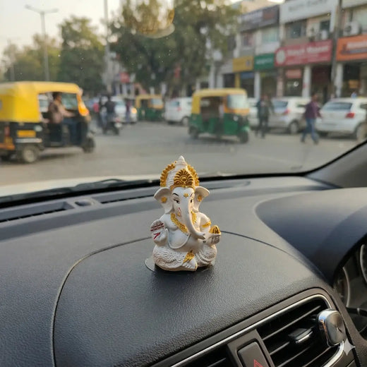 Lord Ganesha Idol for Car Dashboard | Premium White & Gold Decor | Premium Finish