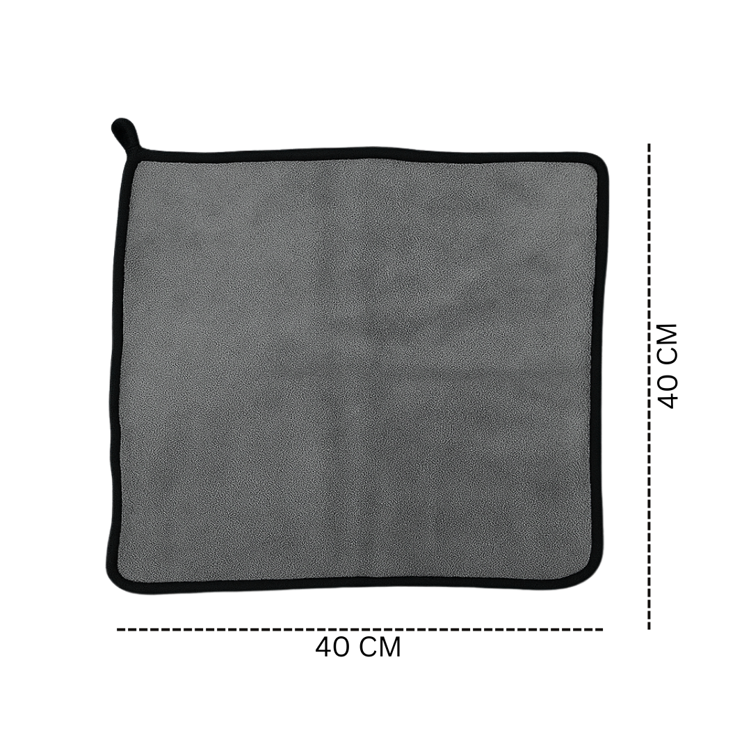 Gray microfiber cloth with dimensions on a white background