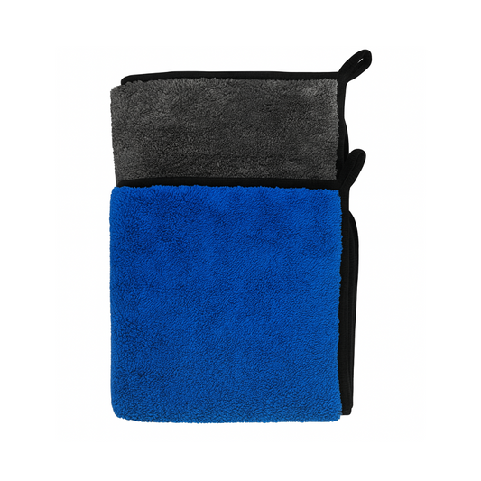 Blue & Grey microfiber towel with black border on a white background