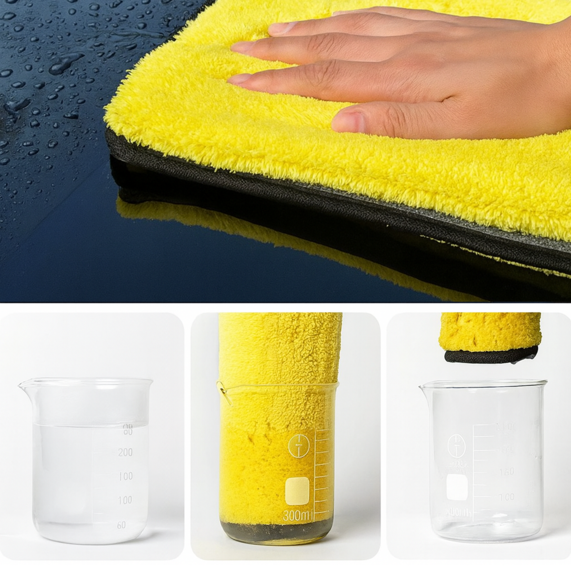 Yellow cleaning microfiber towel 1200 gsm with a hand on top, showing its texture and effectiveness.