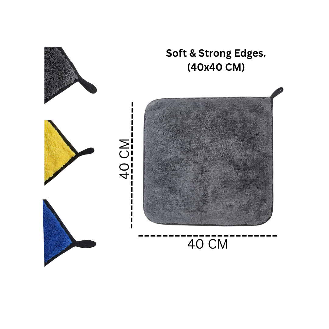 Gray square microfiber with soft and strong edges, dimensions indicated.