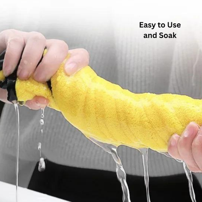 Person using a yellow microfiber with water dripping from it, labeled 'Easy to Use and Soak'.