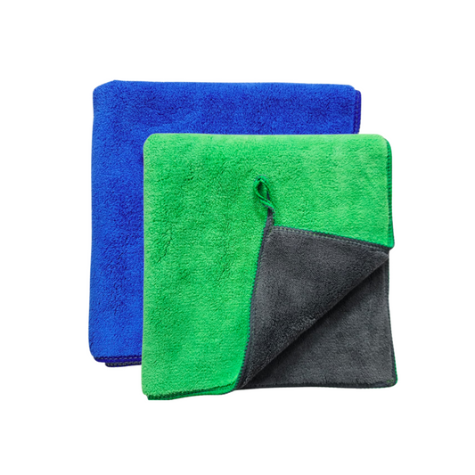two  microfiber cloths in blue, green