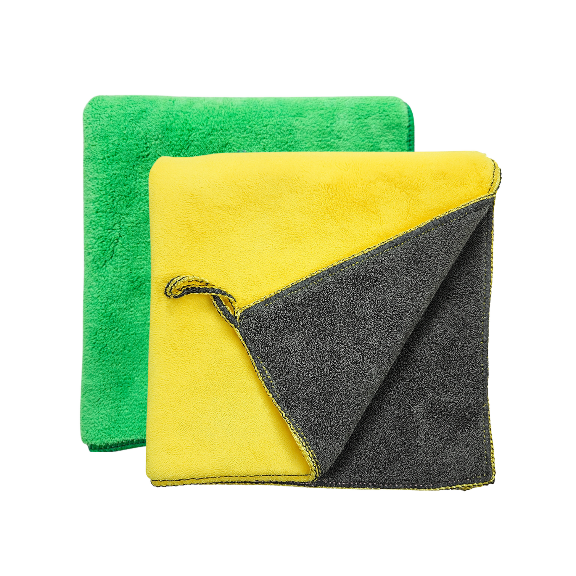 two microfiber cloths in green, yellow, and both have other side grey