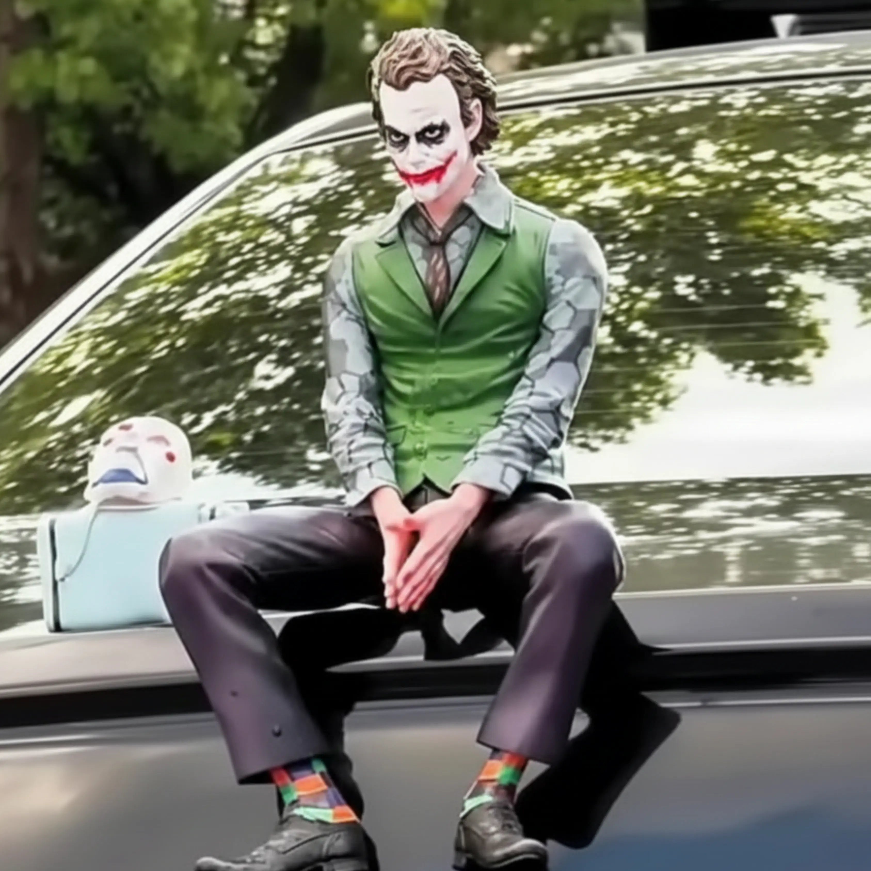 Drag-Auto Joker Action Figure with Mask & Suitcase | 15 cm (Medium)Sitting Statue | Dashboard & Home Decor
