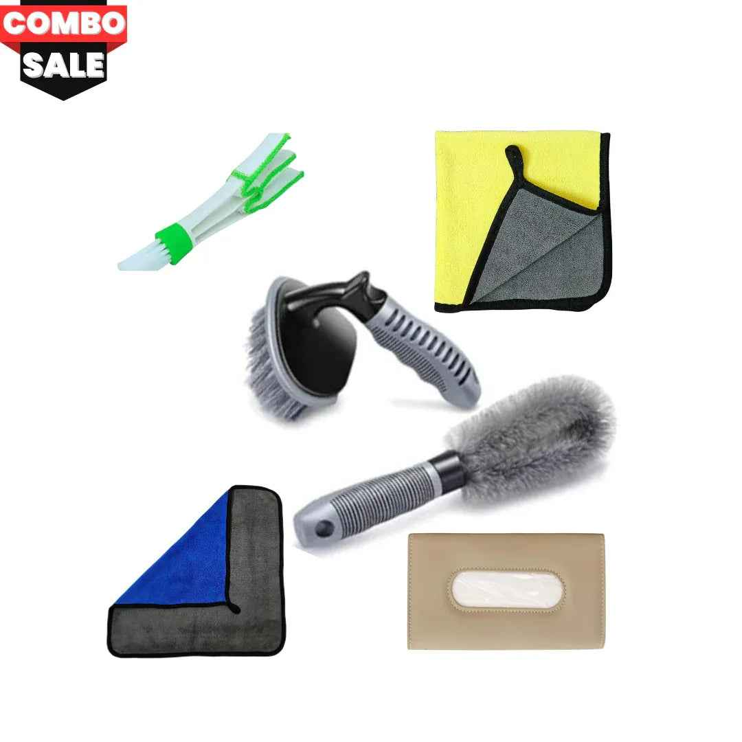 Drag-Auto Mega Cleaning Combo Kit (6 Pcs) - Microfiber Cloths (500 GSM) & 4 Brushes/Accessories