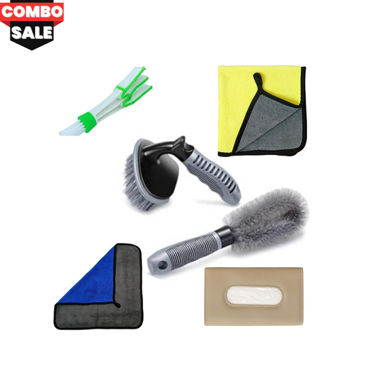 Set of car cleaning tools including brushes and cloths on a white background with 'Combo Sale' text.