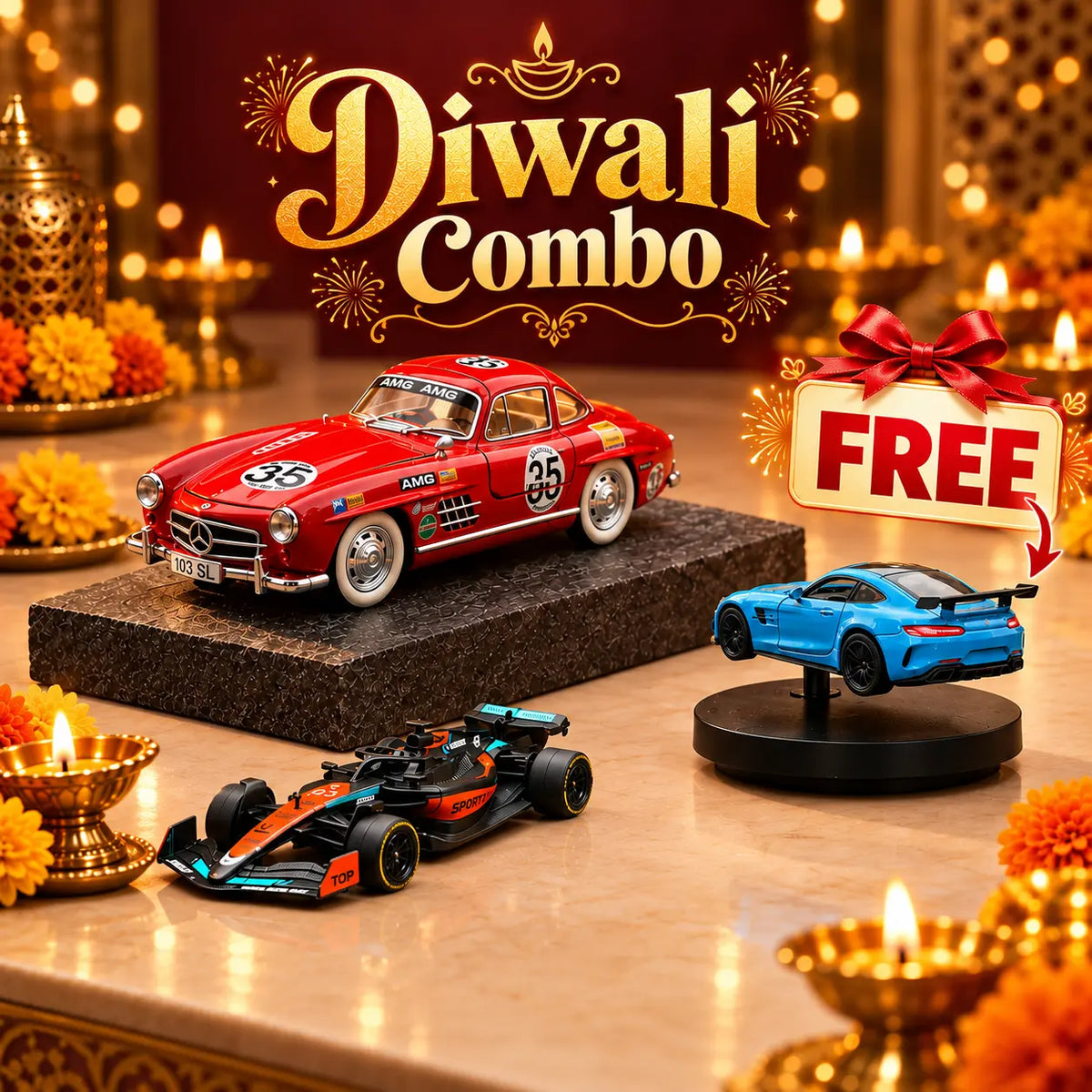 1:24 Mercedes Red 300 SL + 1:43 Orange Formula Car + Free Blue Spinning Car