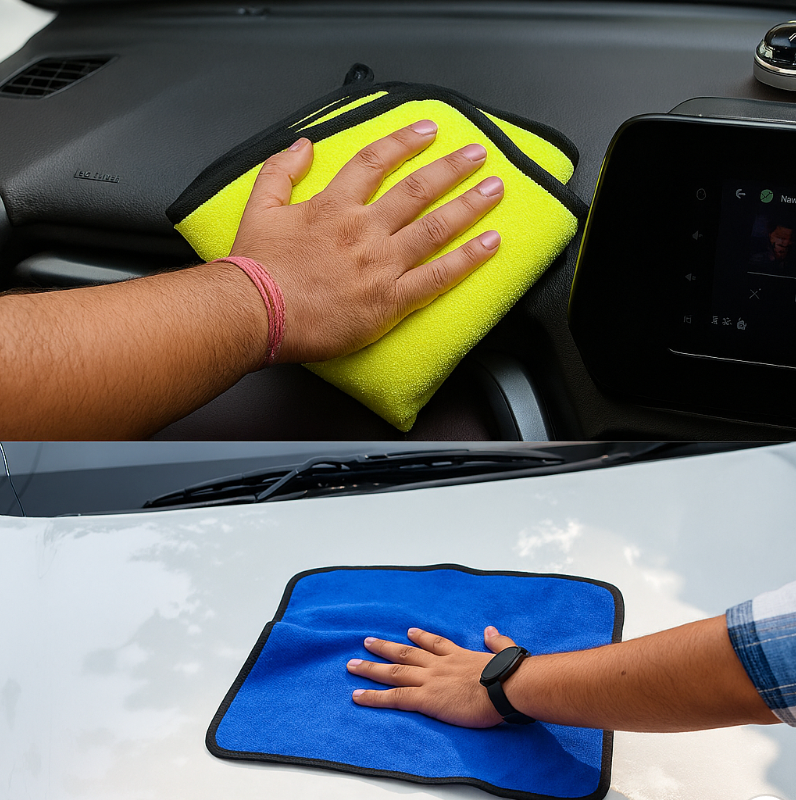 Person cleaning a car interior with a yellow microfiber cloth, wearing a pink wristband.
