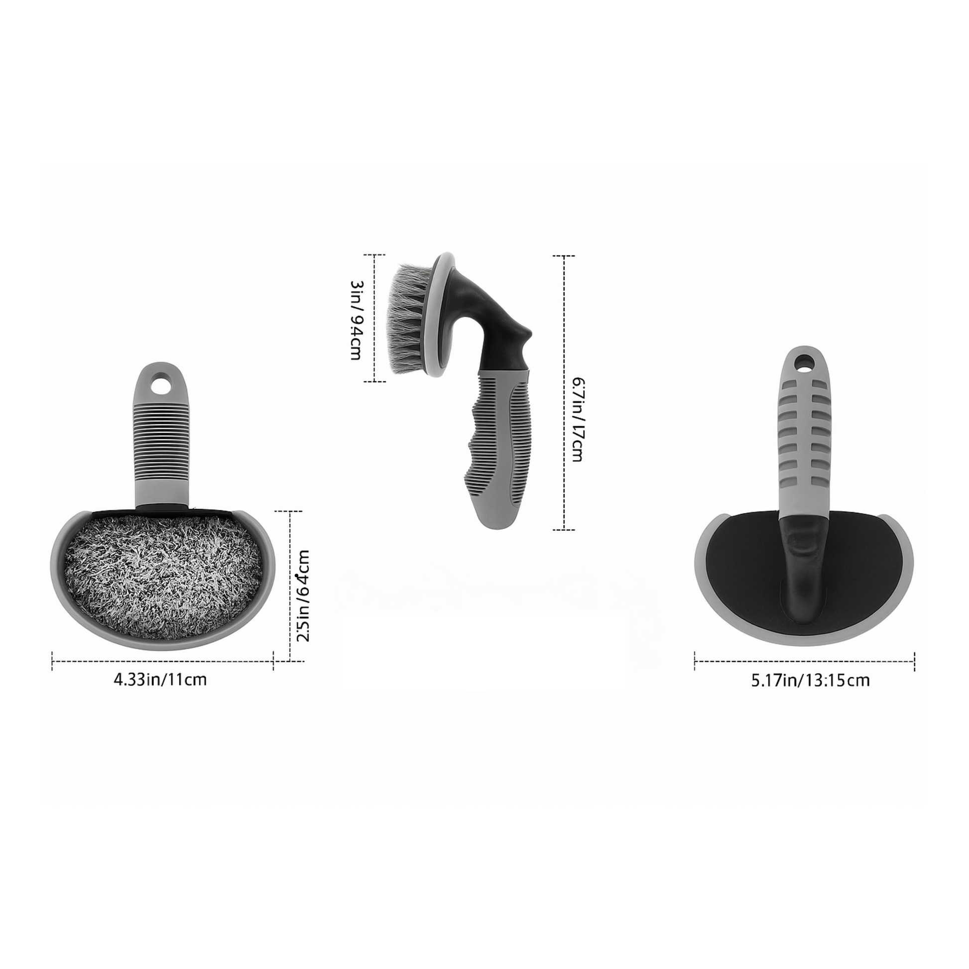 Set of cleaning brushes with dimensions on a white background