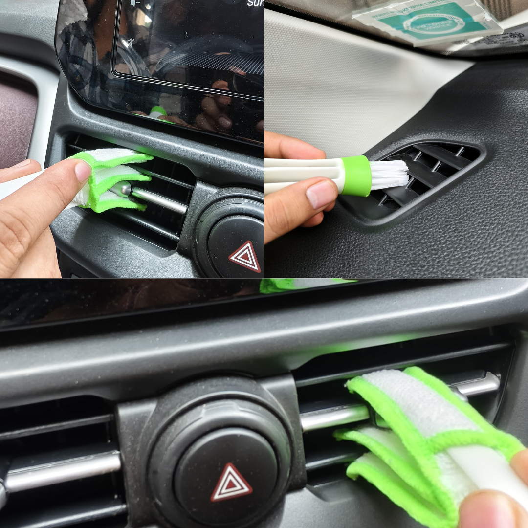 Car air vent cleaning tool being used on a car's air conditioning vent.