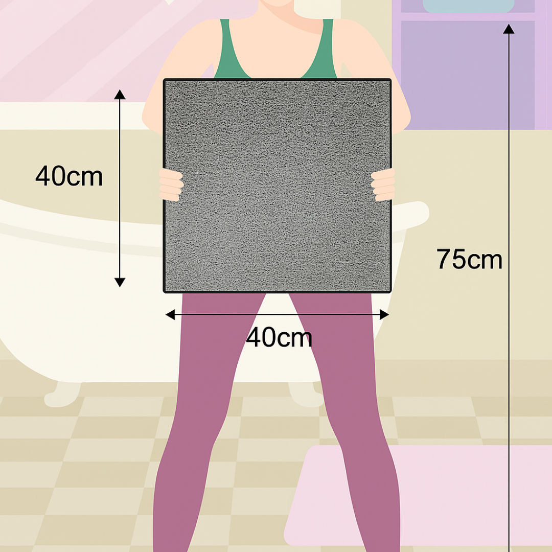 Person holding a rectangular mat with dimensions labeled