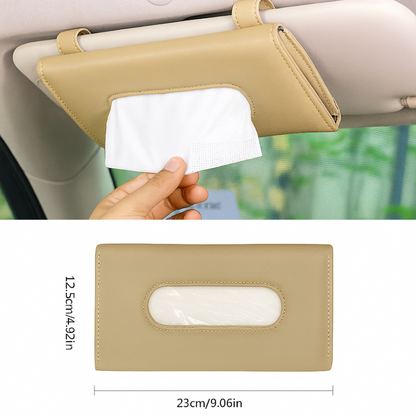 Beige car visor tissue holder with a hand holding a tissue, and a close-up of the holder with dimensions.