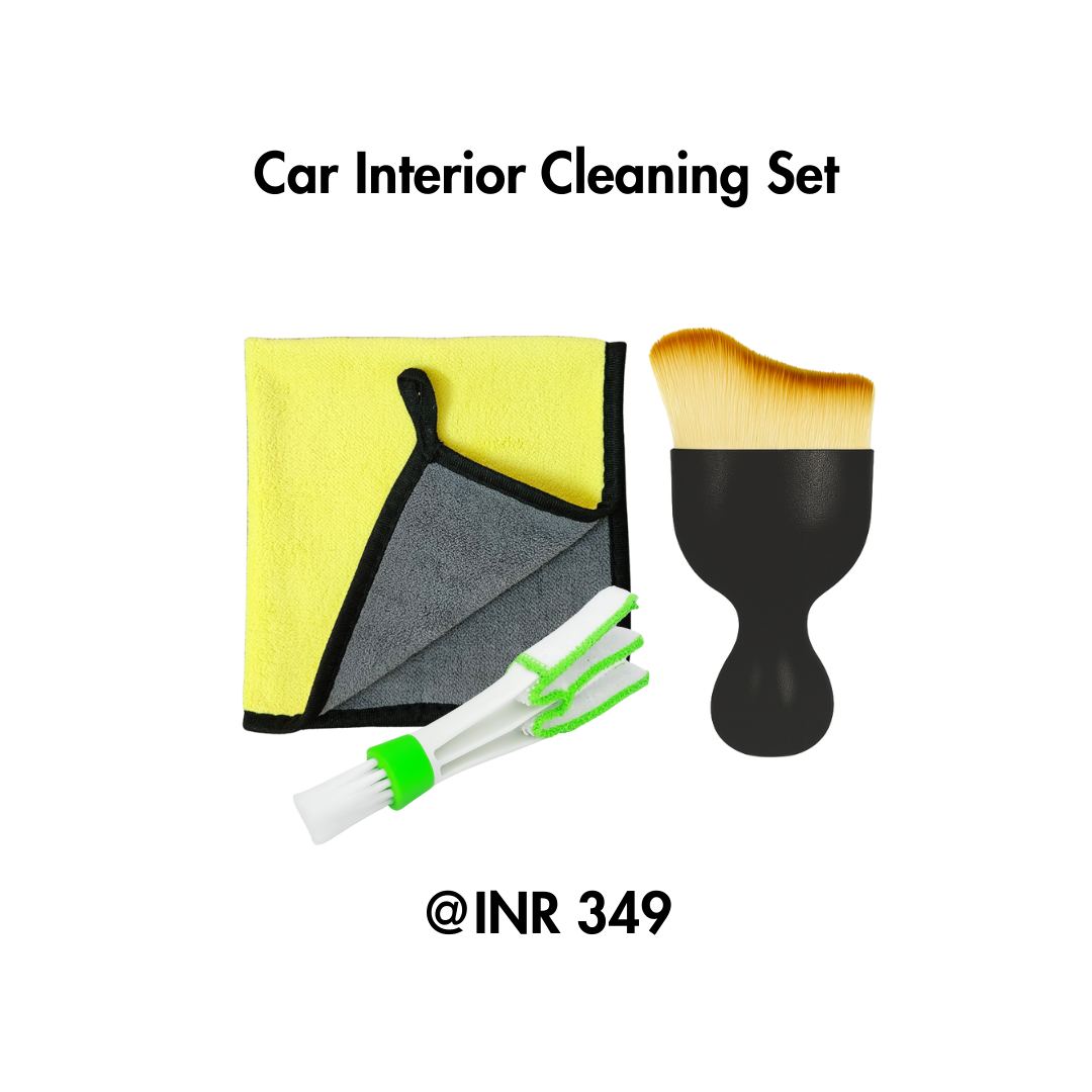 Car interior cleaning set with towel, brush, and cleaning sticks on a white background
