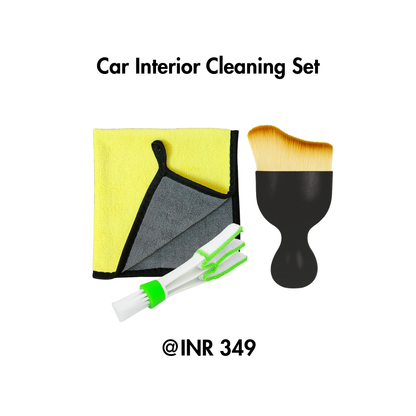 Car interior cleaning set with towel, brush, and cleaning sticks on a white background