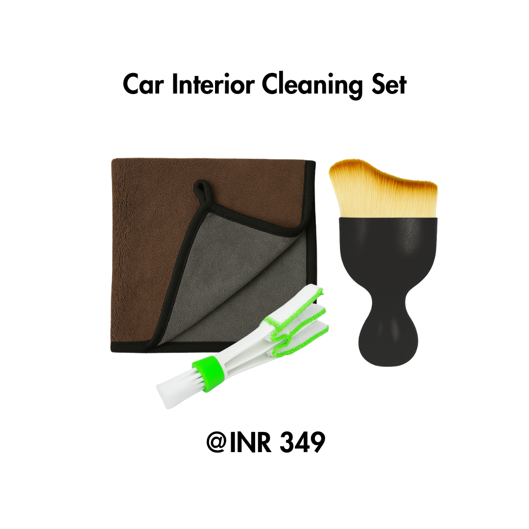 Car interior cleaning set with towel, brush, and duster on a white background