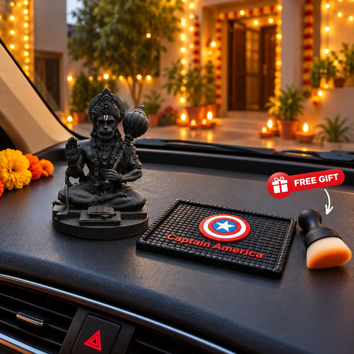 DragAuto Sitting Hanuman Idol + Red Dashboard Mat Combo + Free Small Golden Brush